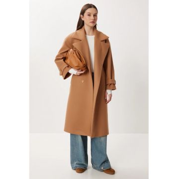 Palton dama - Happiness Istanbul - oversized - texturat - maro camel - textil - Maro camel