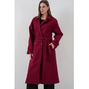 Palton dama  texturat cu nasturi la doua randuri - rosu - bumbac -
