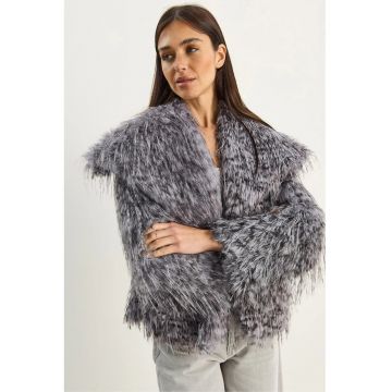 Palton scurt dama  supradimensionat - din blana artificiala - imprimeu leopard - gri carbune