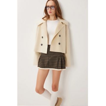 Palton scurt dama - texturat - cu doua randuri de nasturi - Happiness Istanbul - crem natural - textil