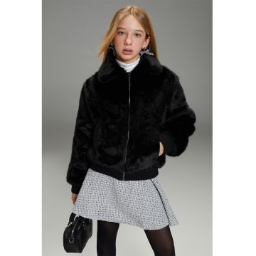 Palton scurt de blana sintetica cu buzunare laterale