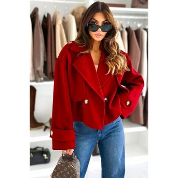 Palton scurt tip fleece Vespera, cu revere si nasturi, Rosu, Marime S/M