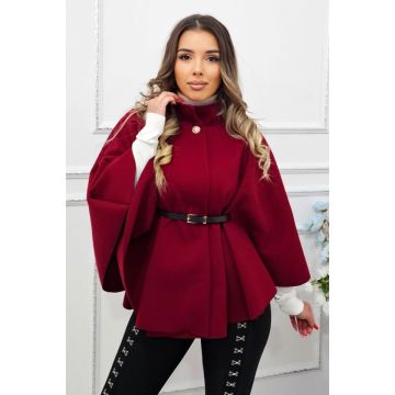 Palton tip poncho Amalia, cu nasture si curea in talie, Rosu bordo
