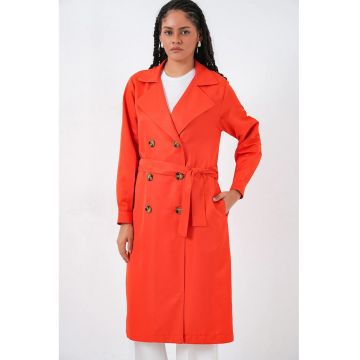 Trenci dama -  cu doua randuri de nasturi - portocaliu - textil