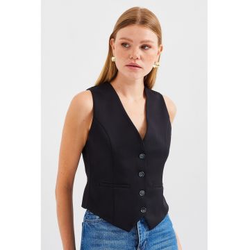Vesta dama  decolteu in V - inchidere cu nasturi - poliester - negru -