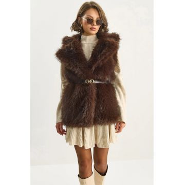 Vesta midi  din imitatie de piele - inchidere cu siret - maro mocha inchis - textil