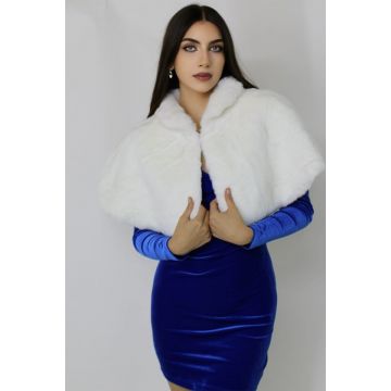 Capa tip bolero Savina, din blana ecologica, cu guler inalt, Alb, Marime universala S/M