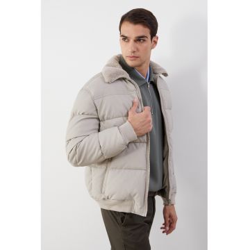 Geaca cu guler din material teddy - Grej