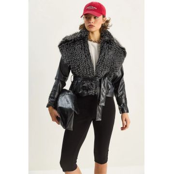 Geaca dama -  din piele ecologica - cu blana artificiala - neagra - textil.