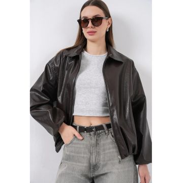 Geaca dama  supradimensionata din piele ecologica - maro - textil