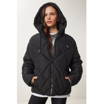 Geaca de puf - Happiness Istanbul - groasa - cu gluga - neagra - textila - Negru