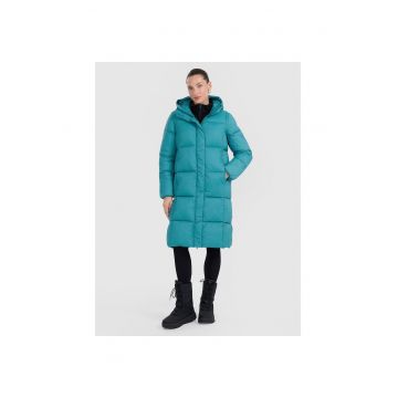 Geaca de puf  pentru femei - turcoaz - umplutura sintetica - impermeabil - lungime pana la genunchi