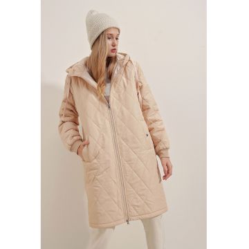 Geaca lunga cu puf -  supradimensionat - cu gluga - maro melanj - textil - Maro