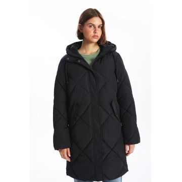 Geaca lunga matlasata cu gluga - Negru