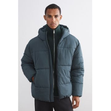 Geaca matlasata cu fermoar - Albastru petrol