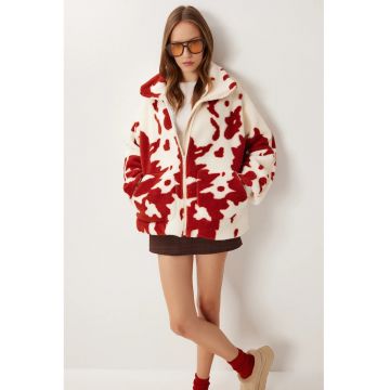 Geaca matlasata supradimensionata Happiness Istanbul - guler cu fermoar - culoare ivoire/rosu - material textil