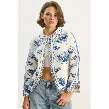 Geaca tip pulover -  brodata - albastru cerulean - textil