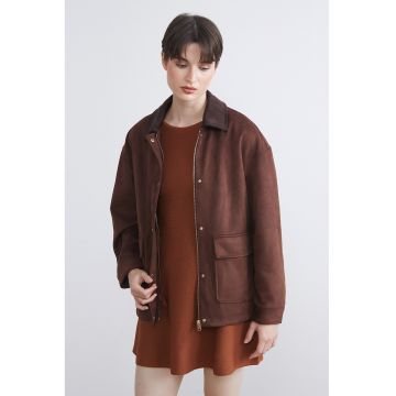Jacheta de piele sintetica intoarsa cu buzunare cu clapa - Maro inchis