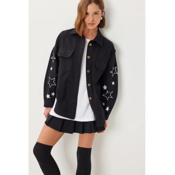 Jacheta din bumbac - supradimensionata - Happiness Istanbul - neagra - textil - brodata -