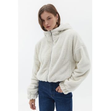 Jacheta din material teddy cu fermoar si gluga - Alb murdar