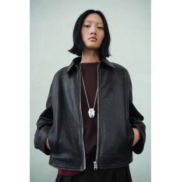 Jacheta din piele cu fermoar - Negru