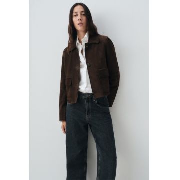 Jacheta din piele intoarsa cu buzunare cu clapa - Maro inchis