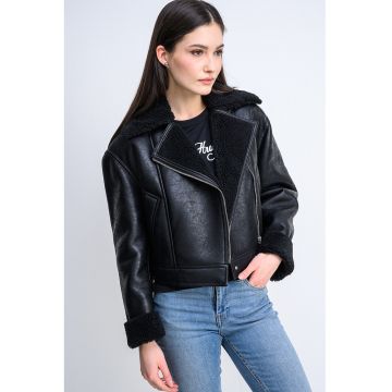 Jacheta supradimensionata din piele ecologica cu captuseala din material teddy Anisse - Negru