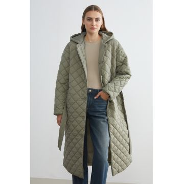 Palton bufant supradimensionat matlasat cu gluga - Verde pal