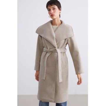 Palton cu revere late si inchidere cu cordon - Bej