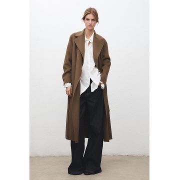 Palton din amestec de lana cu cordon in talie - Maro deschis