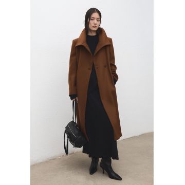 Palton din amestec de lana cu cordon - Maro