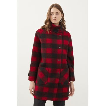 Palton din amestec de lana cu model in carouri - Rosu/Negru