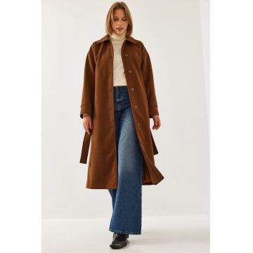 Palton  din tweed cu curea - guler elegant - culoare maro scortisoara - material bumbac si lana -