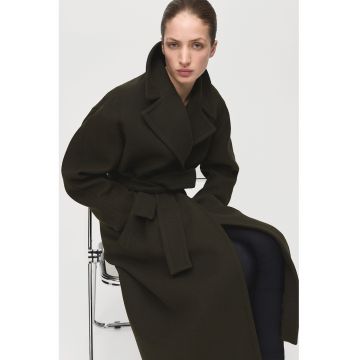 Palton lung din amestec de lana cu guler inalt - Kaki inchis