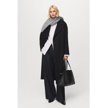Palton lung din amestec de lana cu revere decupate - Negru