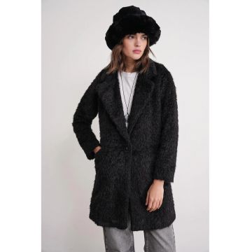 Palton lung texturat -  guler de jacheta - negru - dama