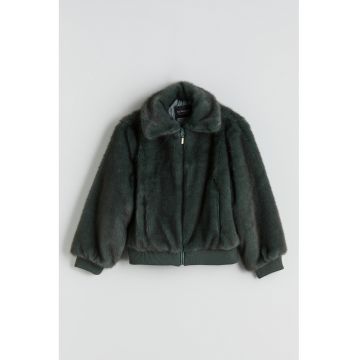 Palton scurt de blana sintetica cu buzunare laterale - Verde inchis