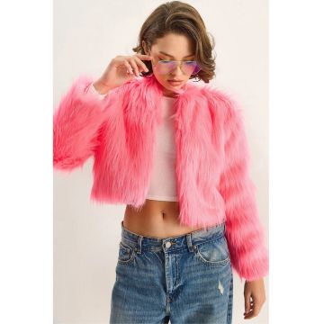 Palton scurt - HiCCUP - blana artificiala - roz aprins - fleece