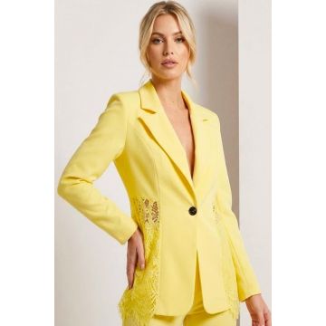 Sacou cambrat, de ocazie, Roselle, cu panou asimetric din dantela, Galben, Marime S/M