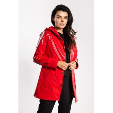 Geaca de dama -  latex - gluga - buzunare - rosie - poliester