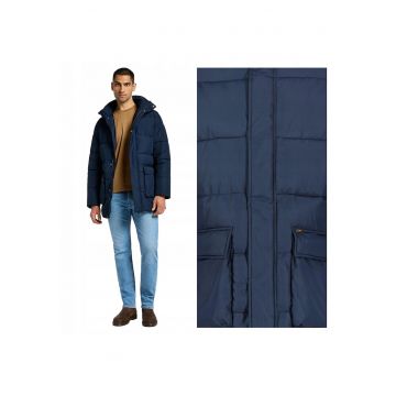 Jacheta Barbati -  Long Puffer Jacket - Regular Fit - Design Clasic - Cu Gluga - Fermoar - Bumbac - M INTL - Albastru