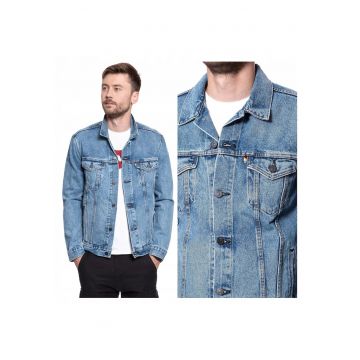 Jacheta Barbati -  Pride Community Trucker Jacket - Regular Fit - Denim Design - Fara Gluga - Cu Nasturi - Bumbac - L INTL - Albastru