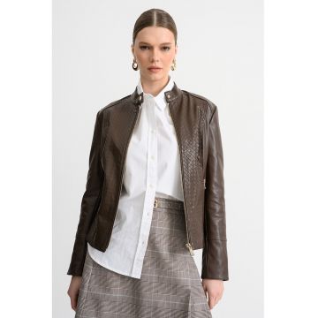 Jacheta de piele ecologica cu model cu dungi stantate - Maro pamantiu