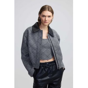 Jacheta supradimensionata cu buzunare laterale si model in carouri - Negru/Gri