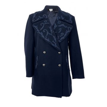 Palton de iarna midi din lana ANIA cu broderie - Bleumarin