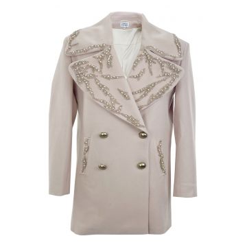 Palton de iarna midi din lana ANIA cu broderie - Roz pastel