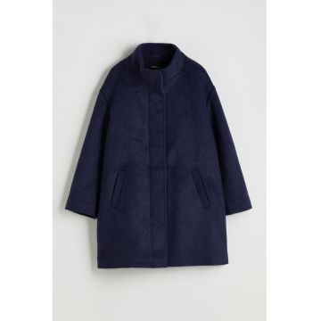 Palton din amestec de lana cu guler mediu - Bleumarin