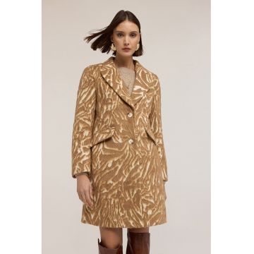Palton din amestec de lana cu imprimeu animal print - Maro camel/Caramel