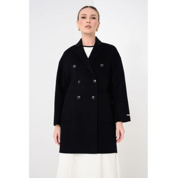 Palton din lana virgina cu doua randuri de nasturi - Negru