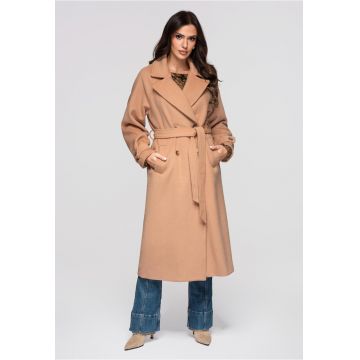 Palton lung din amestec de lana  OW-COLC-0111 - Maro camel